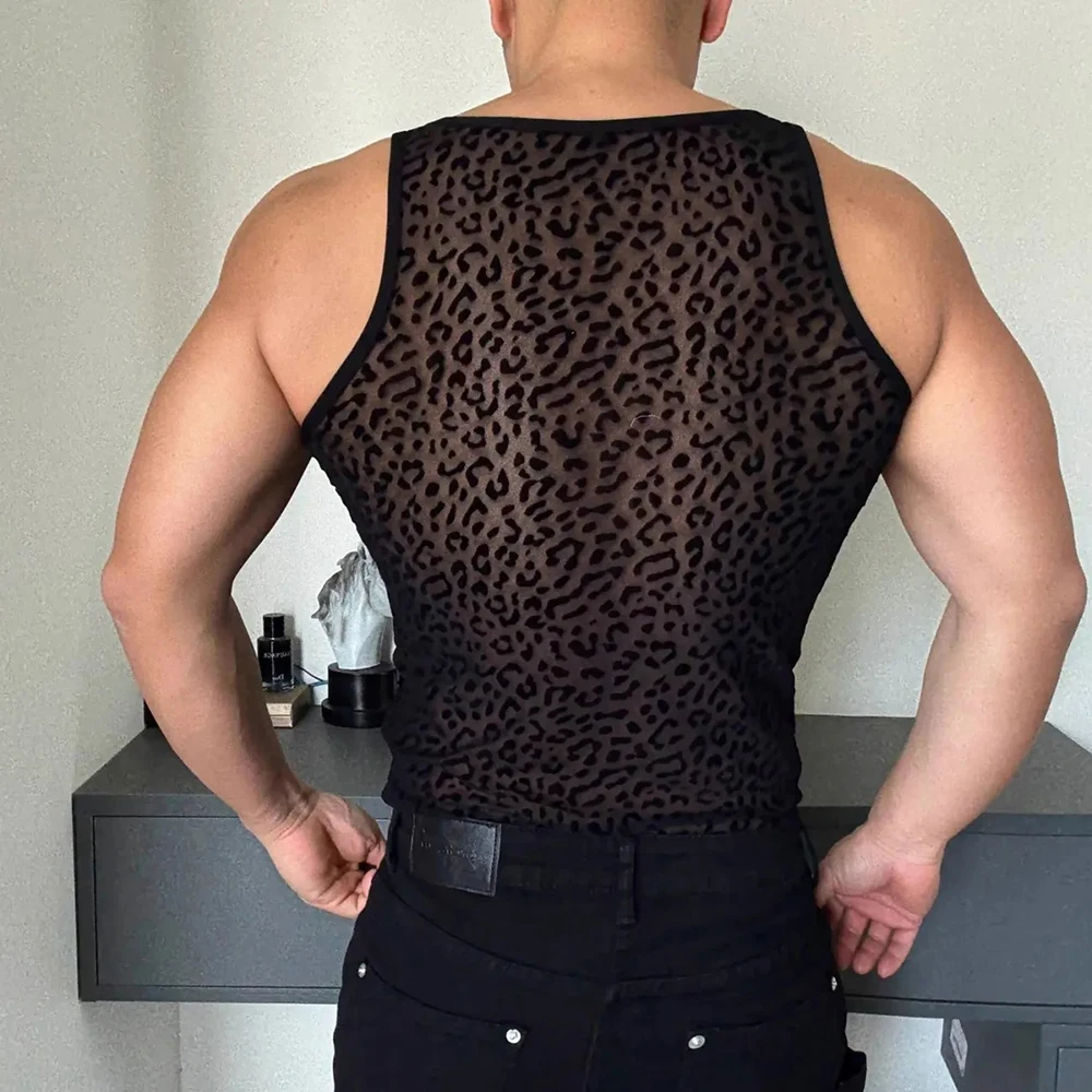 Men's Mesh Leopard Print Sleeveless Vest American Retro Fashion Trend Slim Fit Loose Breathable Niche Summer New Men's Tops