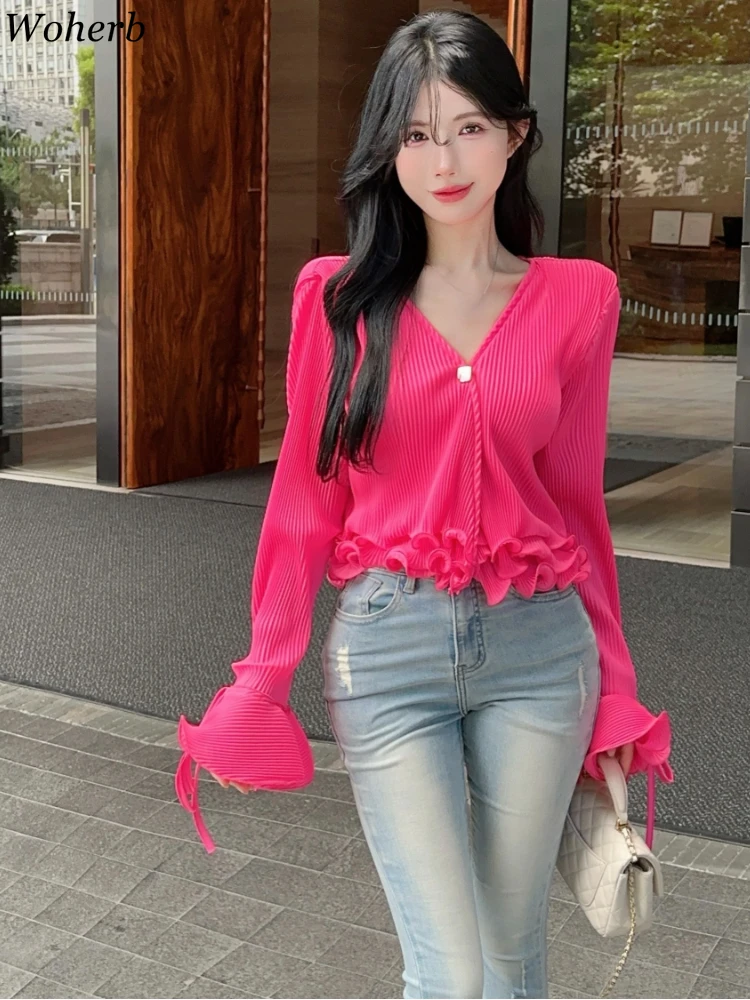 Chic Blouse Women's Clothing Flare Sleeve V Neck One-button Crop Tops 2024 Camisas De Mujer Sweet Ruffles Solid All Match Shirt