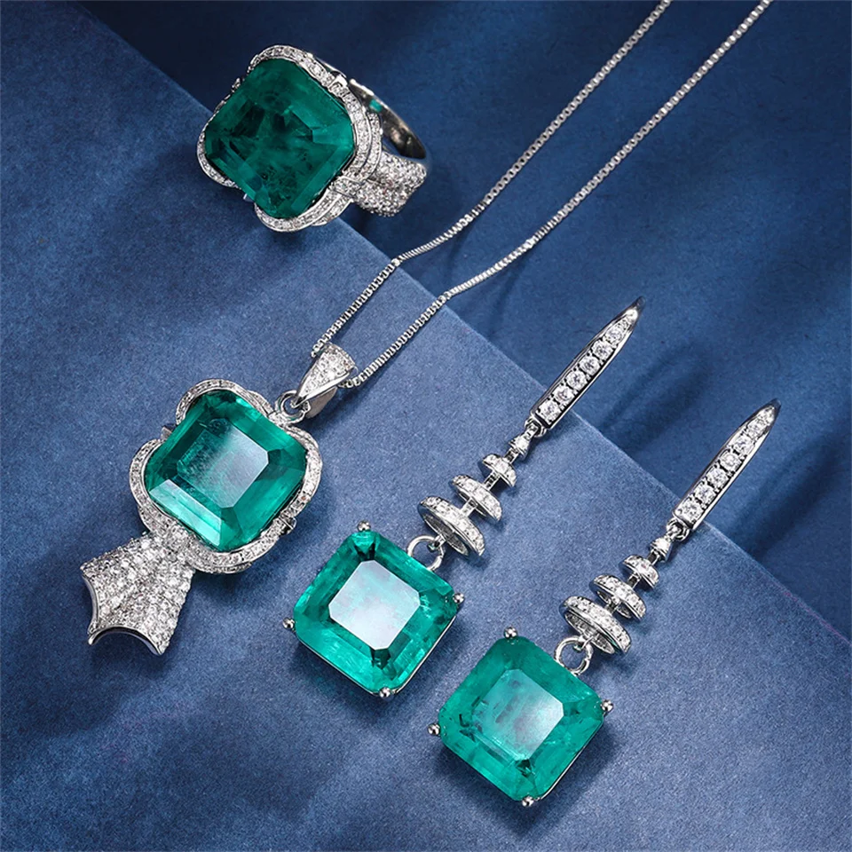 

Green Butterfly Deluxe Princess Cut Stainless Steel Jewelry Set Fashion Square Emerald Necklace Ring Earrings Main Stone 14*14