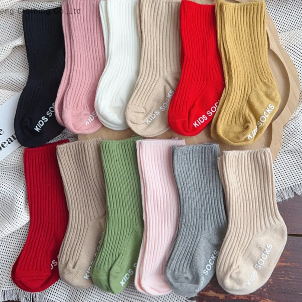 Plain double-needle anti-slip floor socks infants toddlers spring and autumn solid-colored mid-calf socks for boys and girls