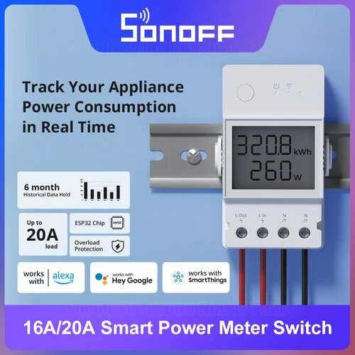 SONOFF-medidor de potencia POW Elite, interruptor inteligente con Chip ESP32, pantalla LCD, protección contra sobrecarga a través de eWeLink, Alexa y Google Home, 16A/20A