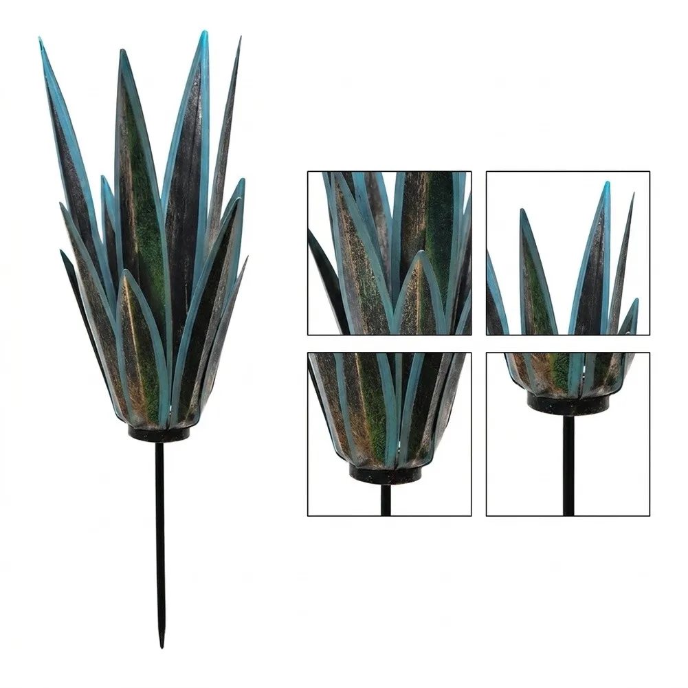 Botanical Metal Art Outdoor Plant Stake For Landscape Enhancement Layered Pointed Leaves Design Integrated Stake Installation