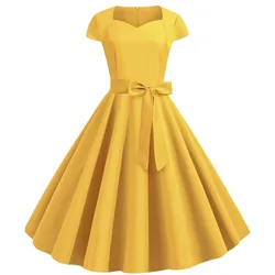 Abito vintage estivo in tinta unita giallo Abito da donna a maniche corte con colletto quadrato Elegante cintura per abiti midi da festa