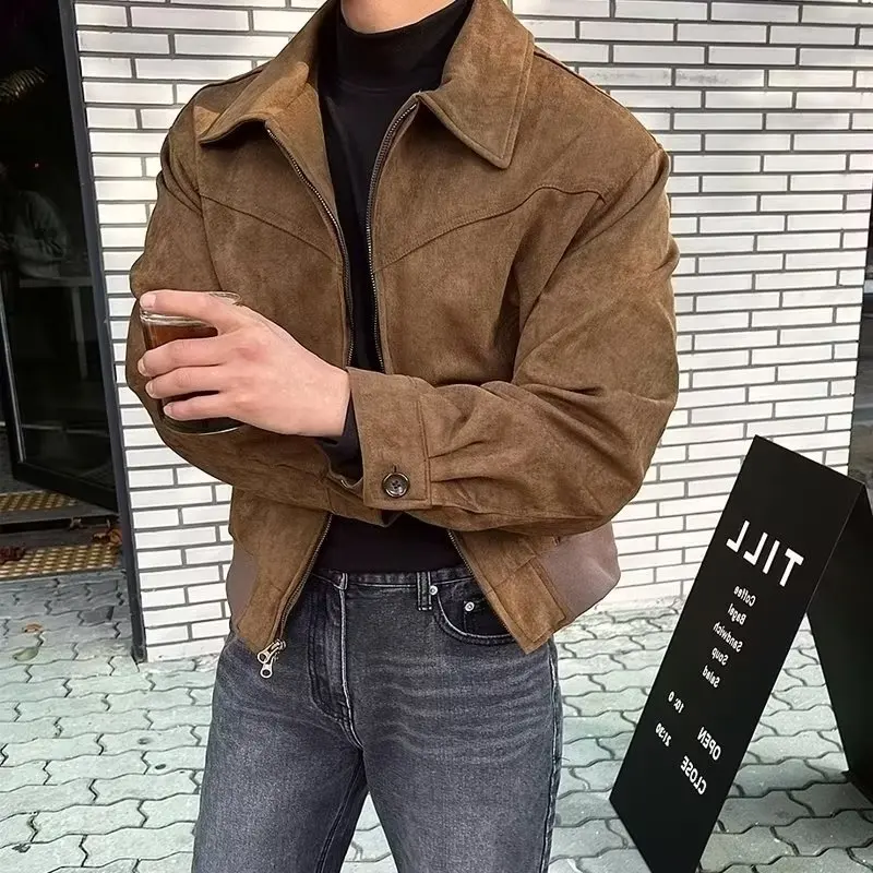 New Men\'s Jackets Retro Brown Coffee Suede Jacket For Men Spring Autumn Fashion Vintage Short Flying Jacket High Street Coat