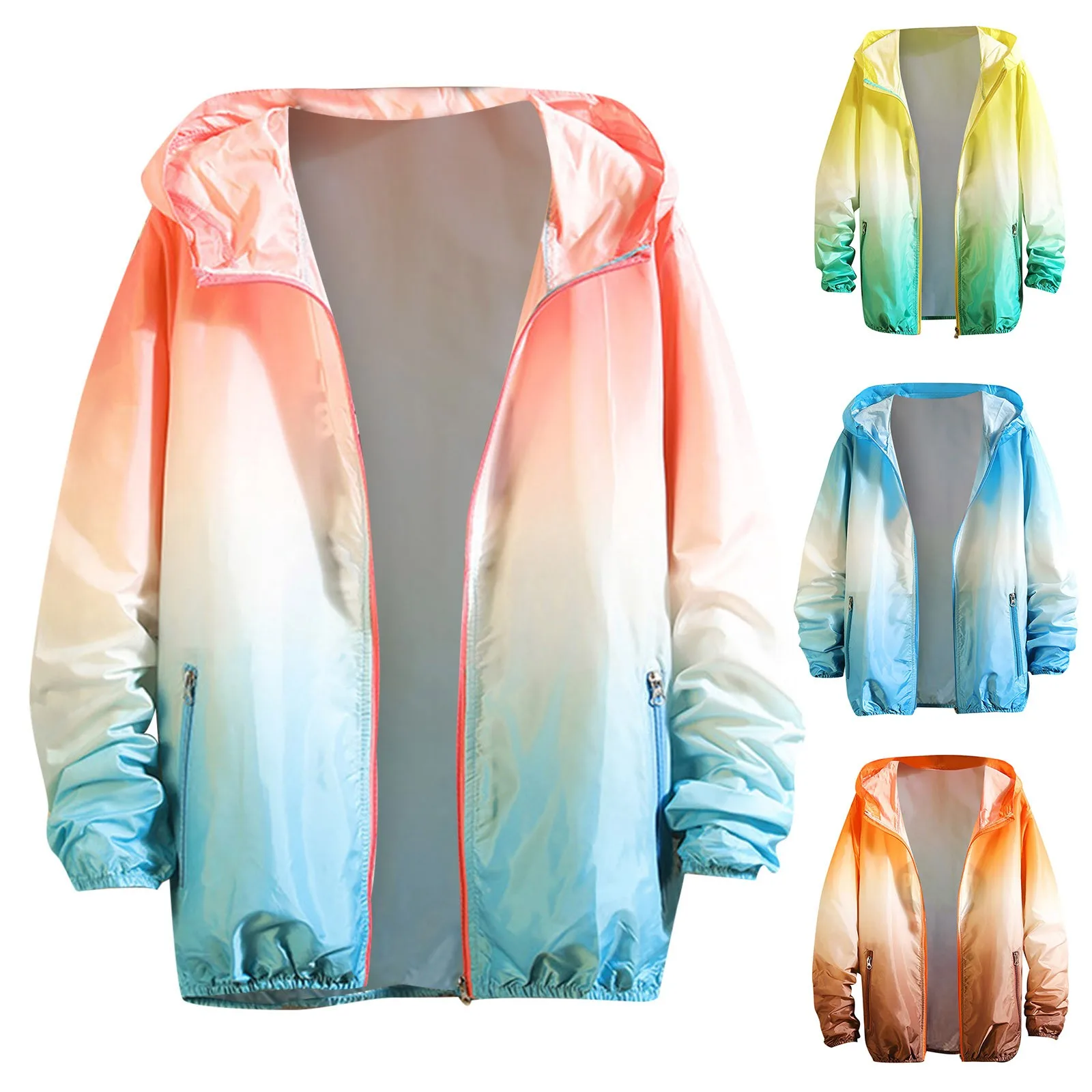 Mens Fashion Hooded Jckets Simple Colorful Gradient Surface Pocket Cardigan Zipper Jacket For Man