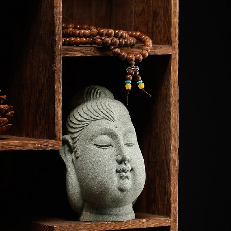 Buddha Head Decorative Ornament Green Sandstone Desktop Creative Mini Landscape Fish Tank Bonsai Decoration Home Furnishing