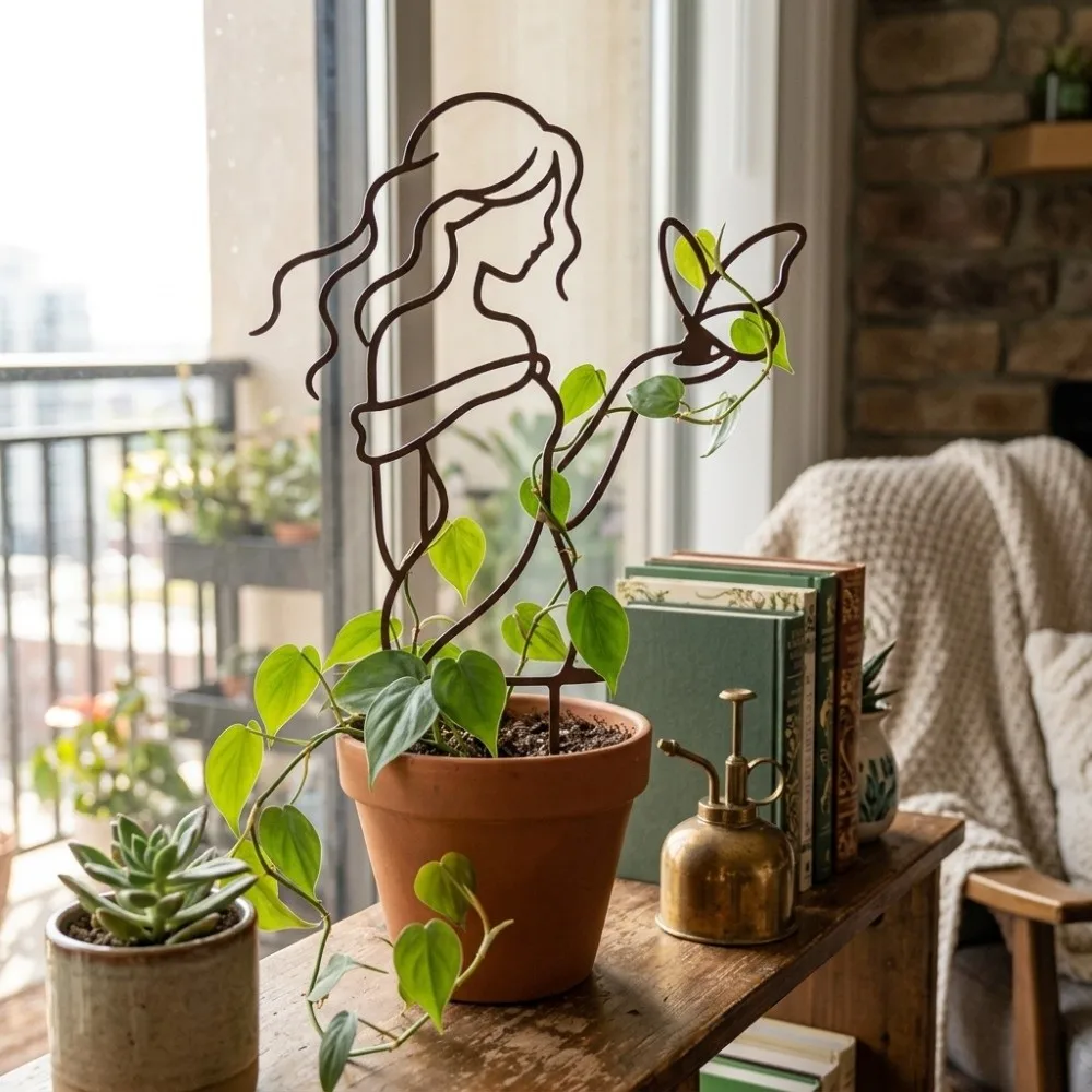 Iron Character Silhouette Plant Stand Strong Load Bearing Hollow Out Plant Fixed Frame Weather Resistance