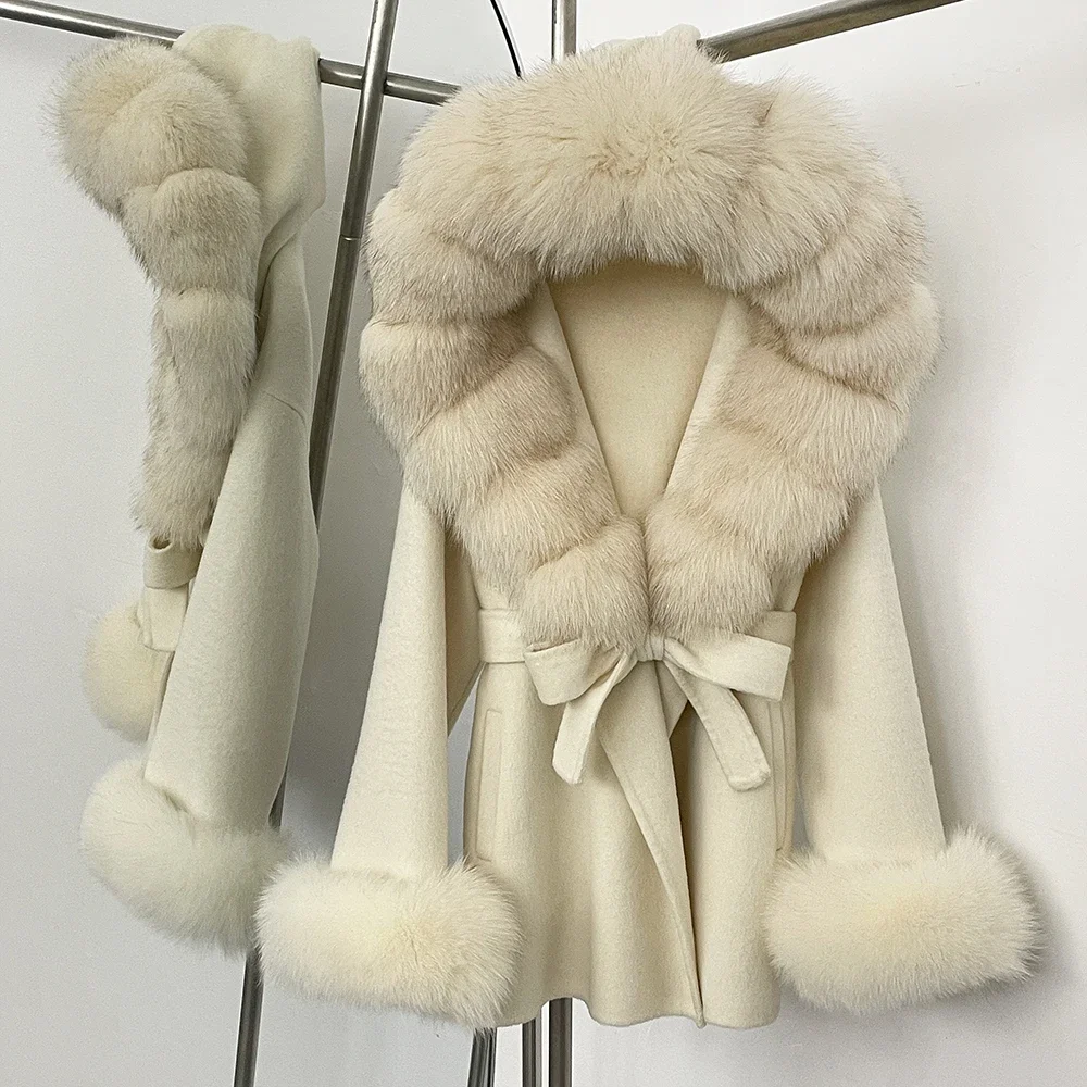 

Natural Real Raccoon Fox Fur Elegant Woolen Jacket Loose Blends Wool Coat Belt Pocket Autumn Outerwear Casual Streetwear Women