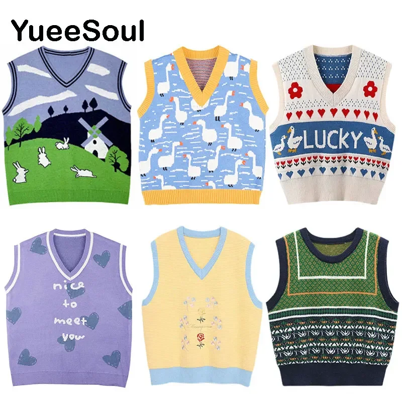 Japan Style Cute Women Sweater Vest Printed Sleeveless Loose Outerwear Knitted Waistcoat  Vintage Y2K Autumn Pullovers Tops