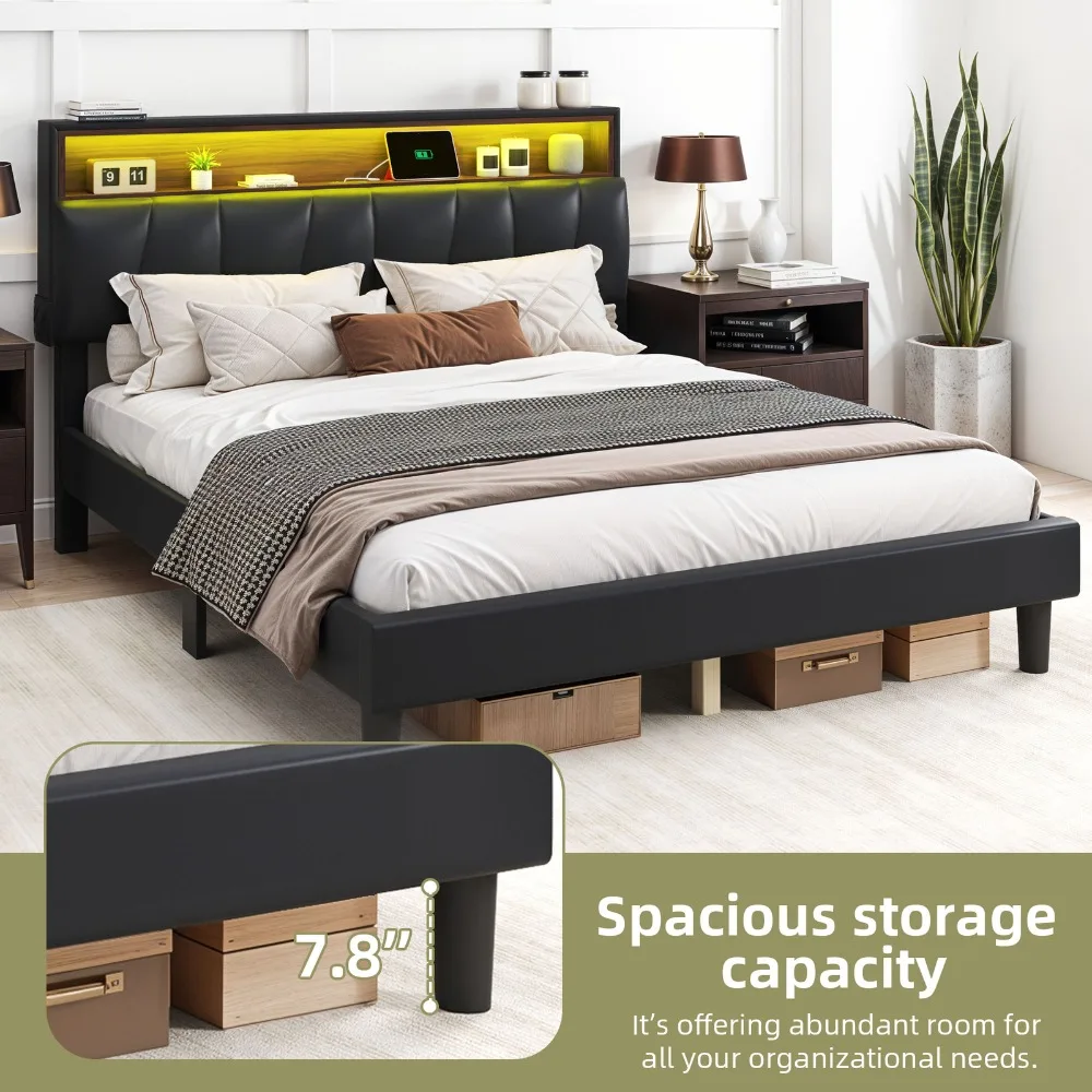 

Queen Size Platform Bed Frame Upholstered PU Leather Headboard