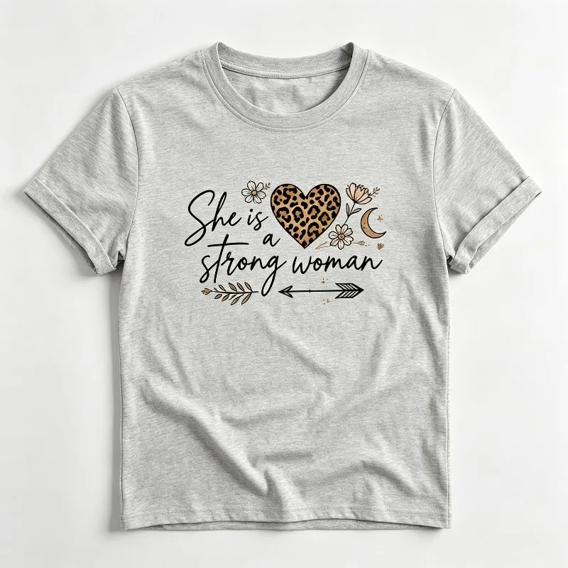 She is a strong woman T-Shirt for Women Leopard Heart Moon Arrow Floral Graphic Casual Cotton Top Inspirational Female Tee Gift