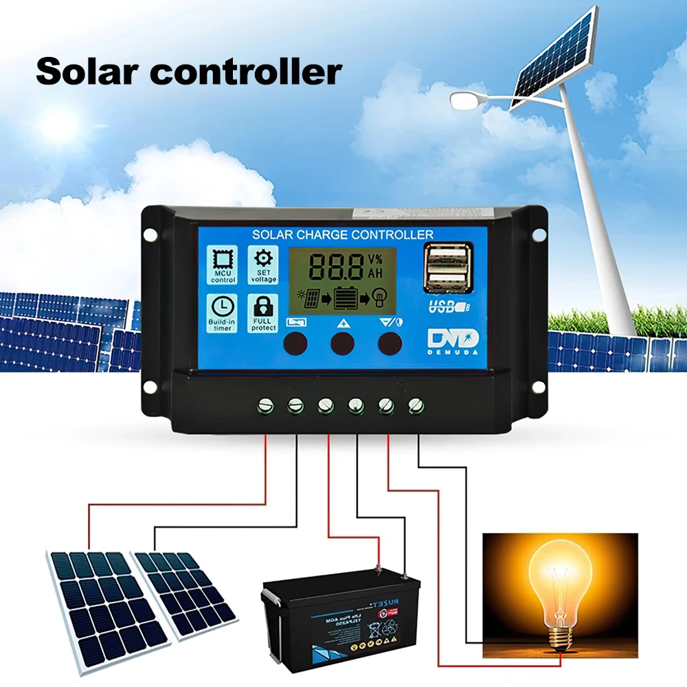 Solar Controller 30A 12V/24V PWM Voltage Solar Controller Solar Panel Battery Charger Regulator LCD Display Dual USB 5V Output