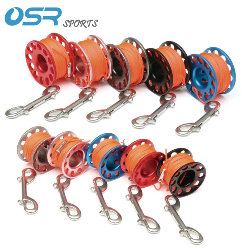 Carrete de aluminio para buceo, cuerda plana naranja de 15m, 30m, 90mm, acero inoxidable 316, doble extremo, gancho a presión y protector de giro