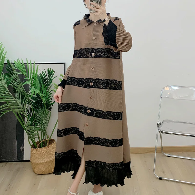 

New Women's Elegant Midi Dress with Casual Floral Print Single Breasted Maillard Pleated Long Clothing-One Size Fits All Adults