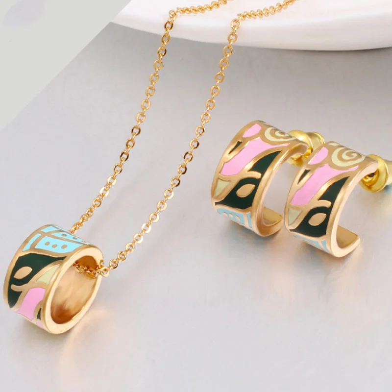 Zlxgirl jewelry Small Colorful Enamel Stainless Steel necklace Earring jewelry sets Fine Women wedding Bridal jewelry sets