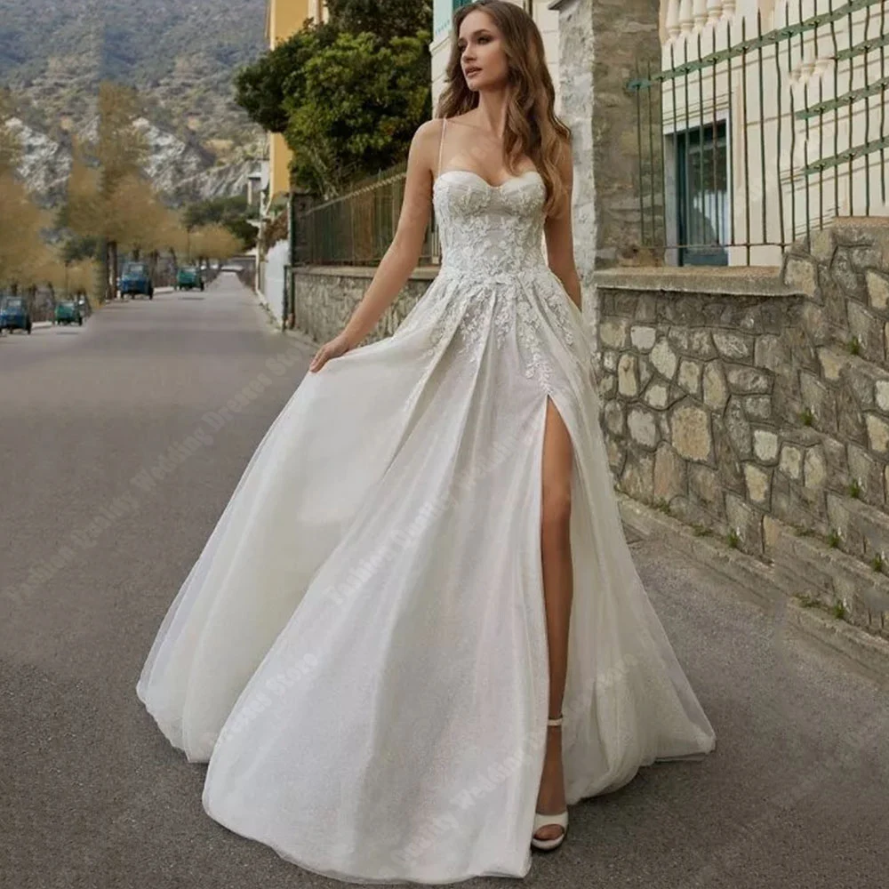 Elegante Böhmen Satin Brautkleider hohe Gabel A-Linie Braut Verlobung Bankett Roben Party flauschigen Rock Vestidos de Novias