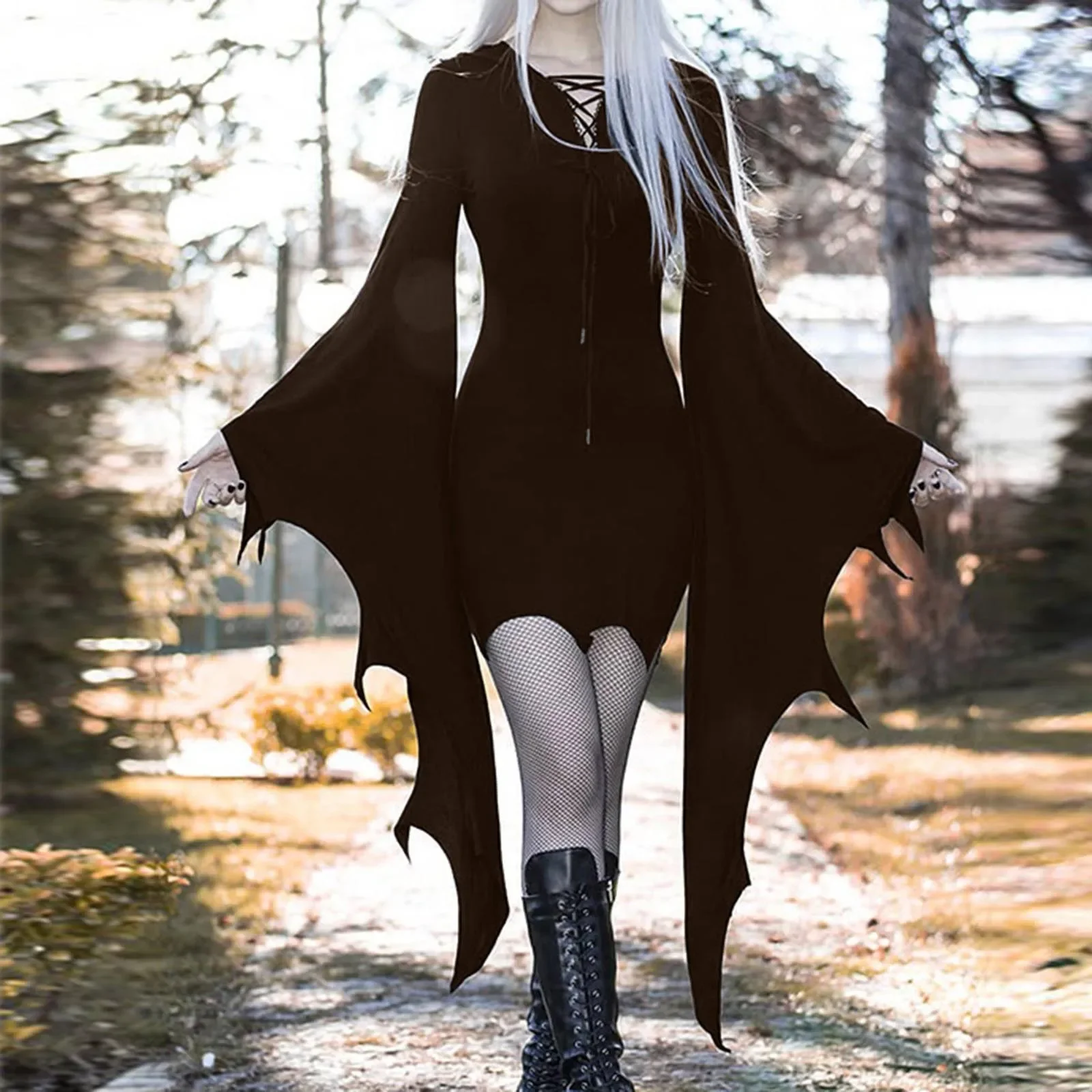 Women\'s Gothic Dress Batwing Sleeve Halloween Goth Dress Sexy Party Long Sleeve Black Saints Day Bodycon Dresses Cosplay Costume