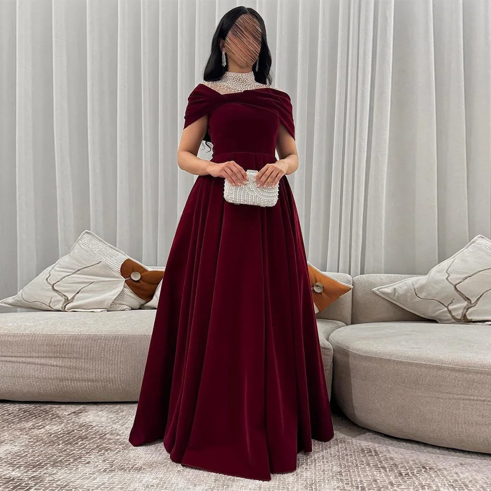 Burgundy Evening Dress Customized Velour Arabic Prom Gown Pearls High Neck Off Shoulder A Line Sweep Train Dubai Party Dresses