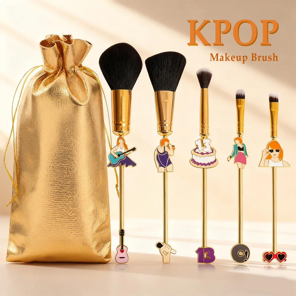 シャンパンゴールド KPOP メイクブラシセット 5 本、メタリックな質感、超ソフトファイバーのアイシャドウブラシ、誕生日パーティーに最適