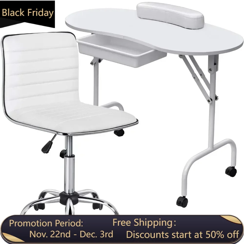 37inch Manicure Table Foldable Workstation w/Carrying CaseWheels for Spa Beauty Salon and Adjustable Low Back Armless Nail Desk