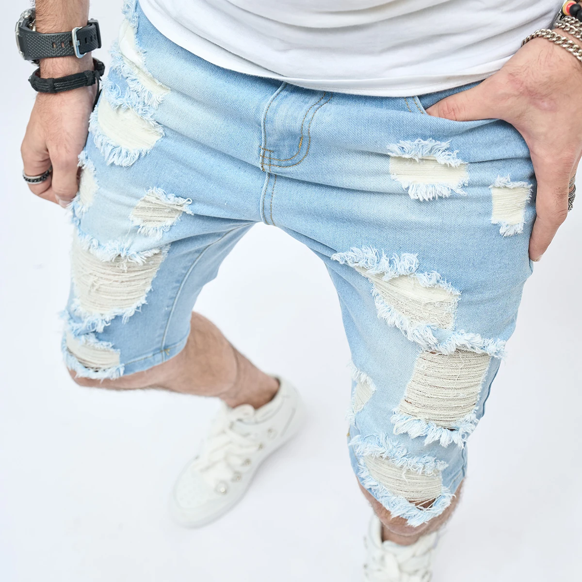 Summer Ripped Shorts Jeans Men\'s Hip-Hop Denim Pants Stretch Light Blue Fashion Slim Straight Male Denim Shorts