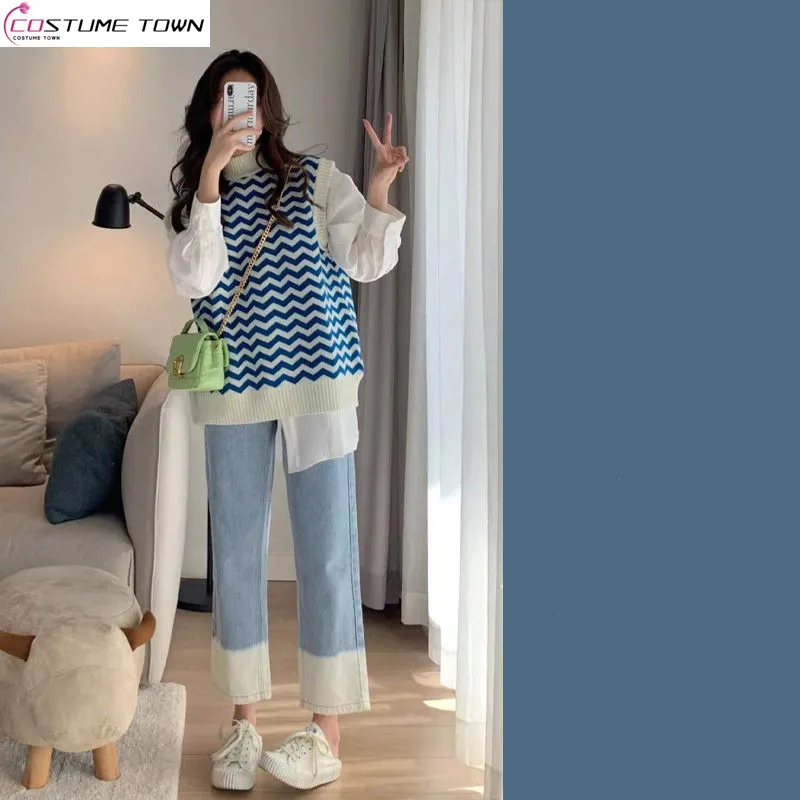 2024 Korean version new autumn and winter outfit small knitted vest+fashionable shirt milk jeans three piece set