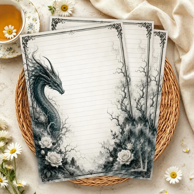 30 Sheets, B5 Dark Vintage Dragon And Rose Themed Writing Paper, Lined, No Glue, Perfect For Notebooks, Memos, And Stickers 6