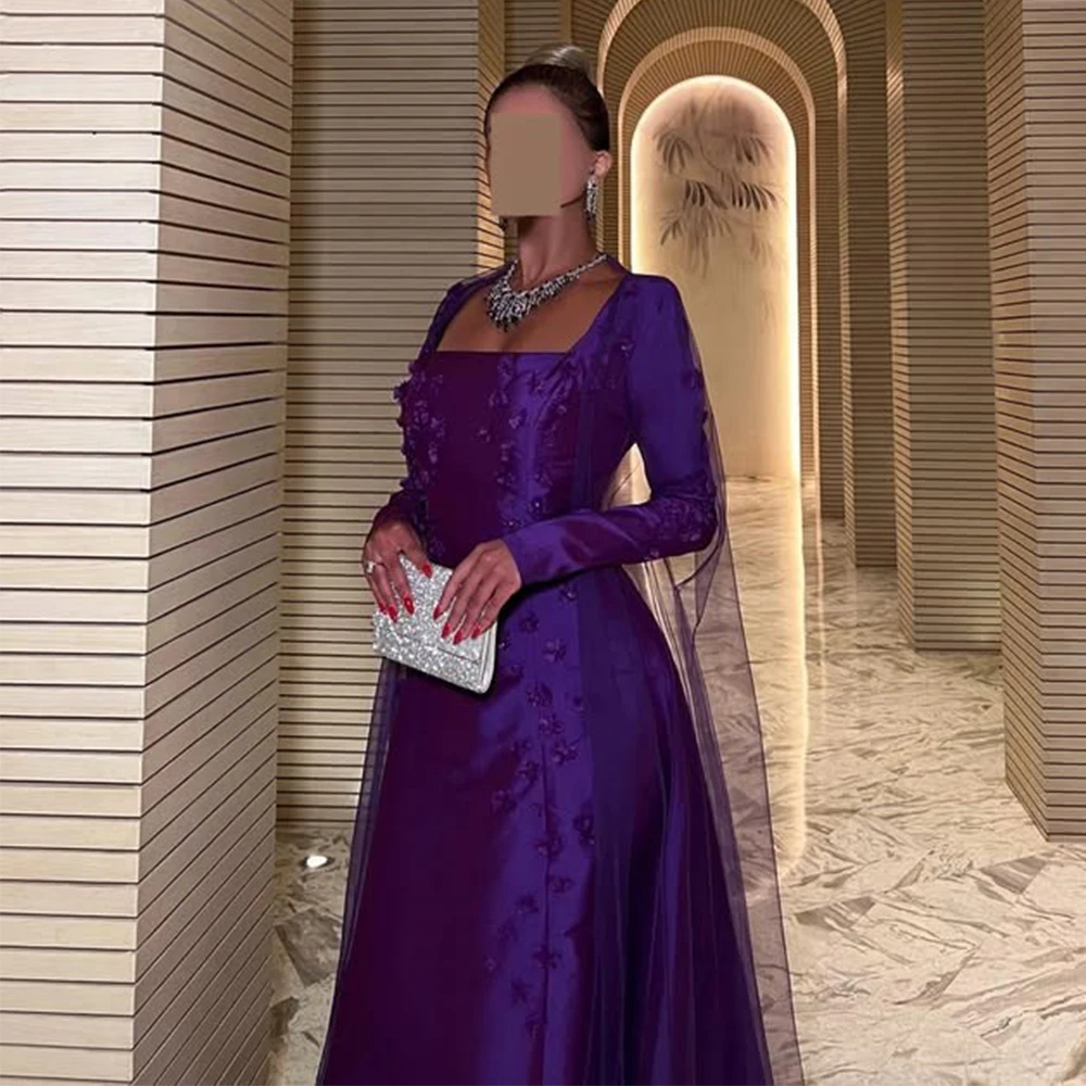 Flechazo-vestido de noche morado con cuello cuadrado, manga larga, corte en A, largo hasta el suelo con apliques, vestidos para ocasiones personalizados para mujer