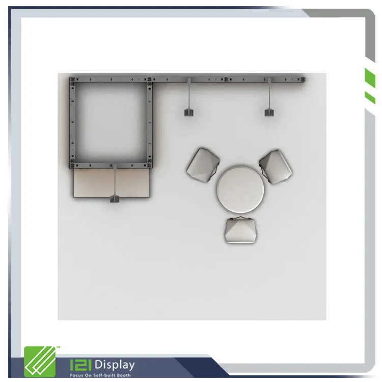 Cabine de suporte modular forte 3X3 com estrutura de alumínio de 5 cm de espessura com suporte para TV e sala de armazenamento