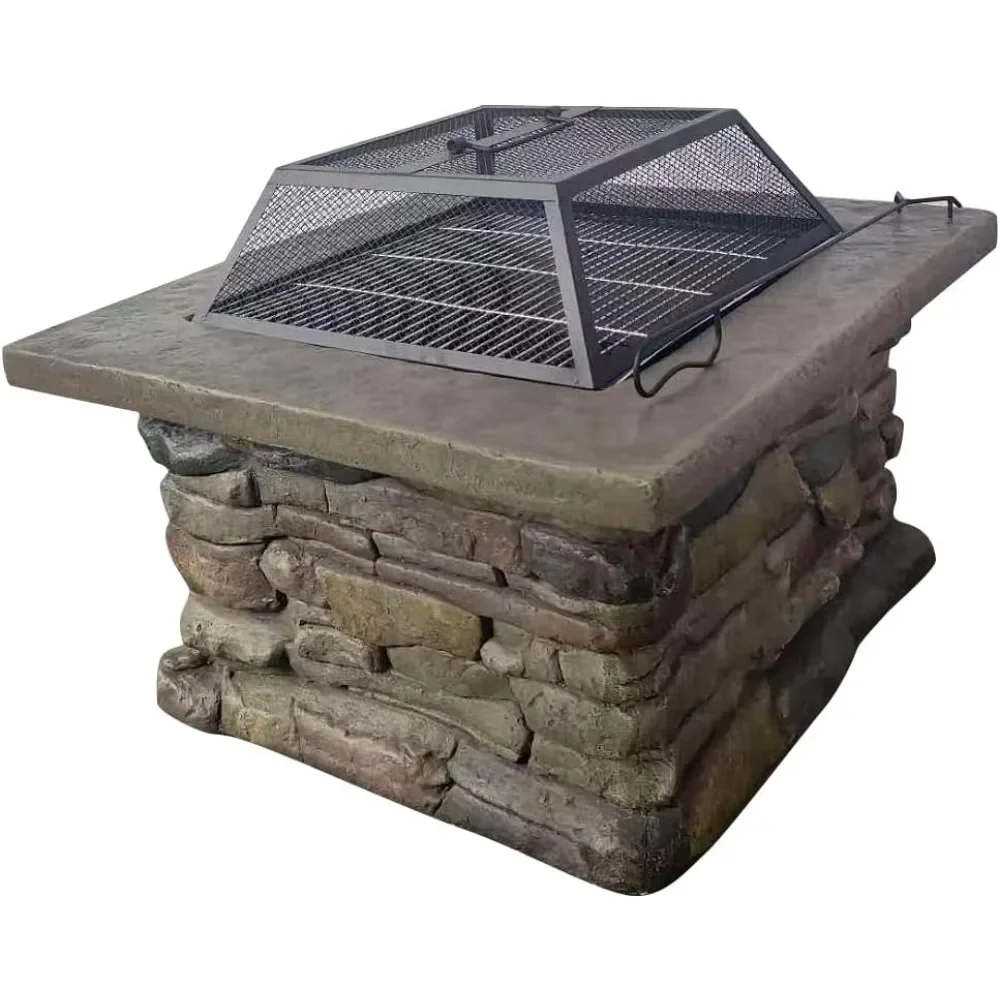 

Fire Pit Table with Cultured Stone, Iron Insert, Firewood Rack, Spark Screen & Fire Poker, Wood-Powered Outdoor Fire Pit