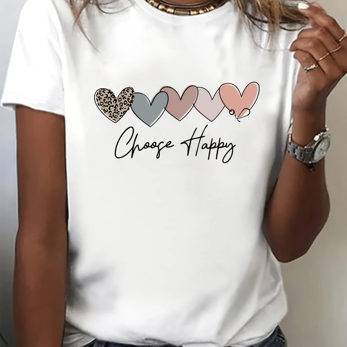 Heart & Happy Letter Print T-shirt - Women's Cute Short Sleeve Crew Neck Top