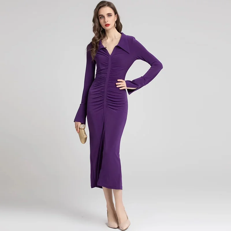 

2023 Fashion Runway Designer Summer Sheath Vestidos Women's V-Neck Long Sleeve Folds Sexy Lady Club Party Purple Dresses