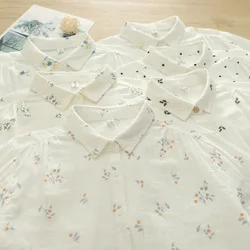 Women White Shirts 100% Cotton Yarn Blouses Japan Style Plant Print Long Sleeve Lady Tops Casual Female Clothes Autumn Tops