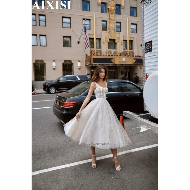 New Elegant A-Line Wedding Dresses Bride For Women Robe De Mariée Mariage Bride Vestido Sweetheart Appliques Tea-Length