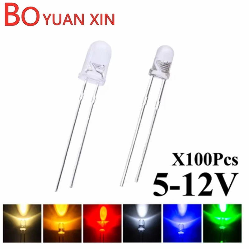 

100pcs Dc 12v 5v 3mm 5mm Led Super Bright Warm White Red Blue Model Car Dashboard Indicator Light Emitting Diode With Resistanc