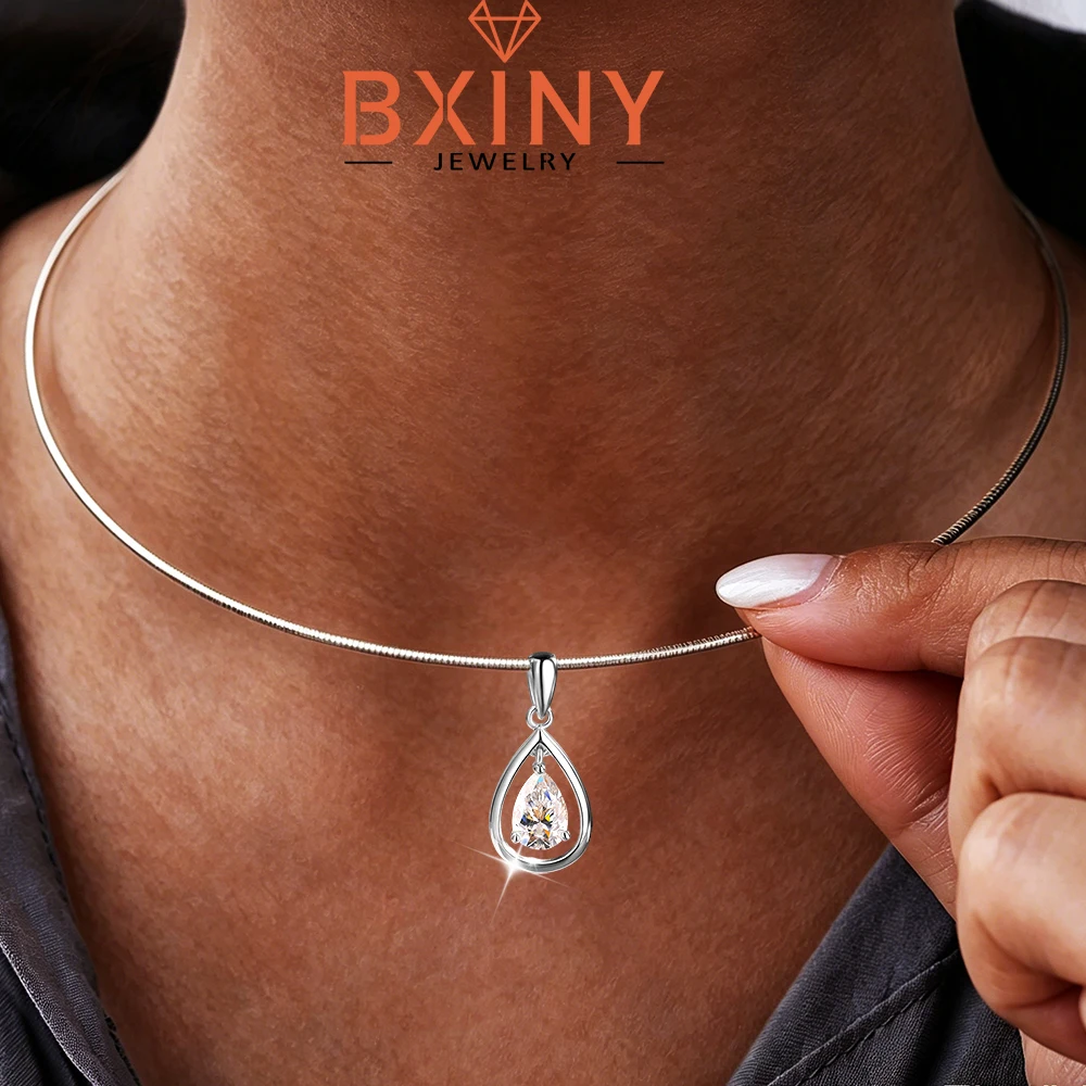 

BXINY 1CT WaterDrop Moissanite Pendant Necklaces S925 Silver Solitaire Pear Diamond Collar Choker for Women Wedding Fine Jewelry