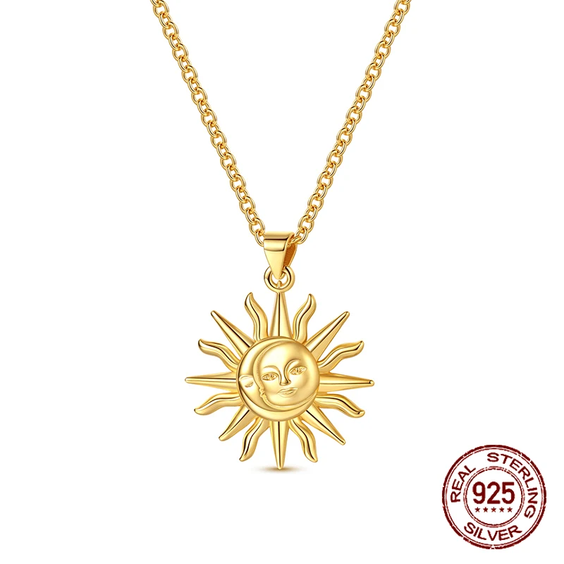 

925 Sterling Silver Golden Necklace Sun Moon Pendant Necklace for Women Fashion Anniversary Birthday Jewelry Gifts