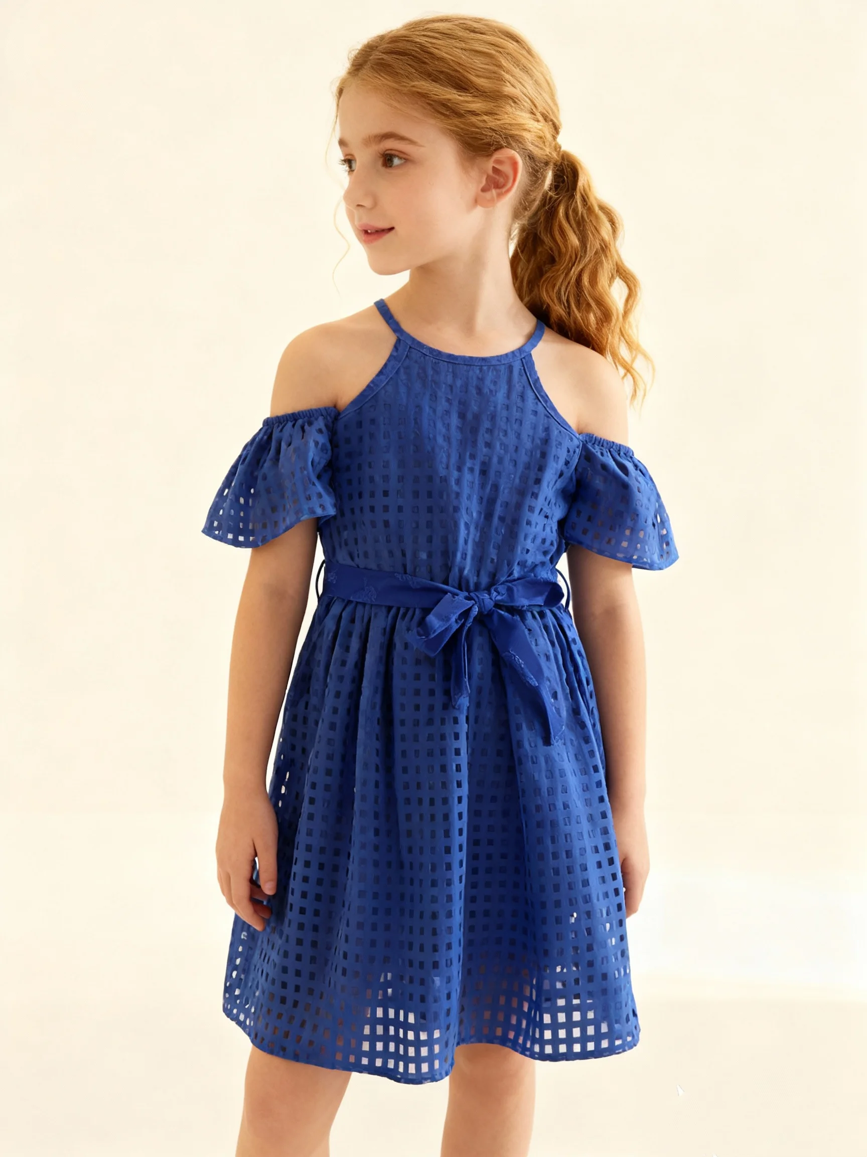 Summer Girls' Cute Round Neck Off Shoulder Solid Color Mid Length Dress Fashionable Casual Dress