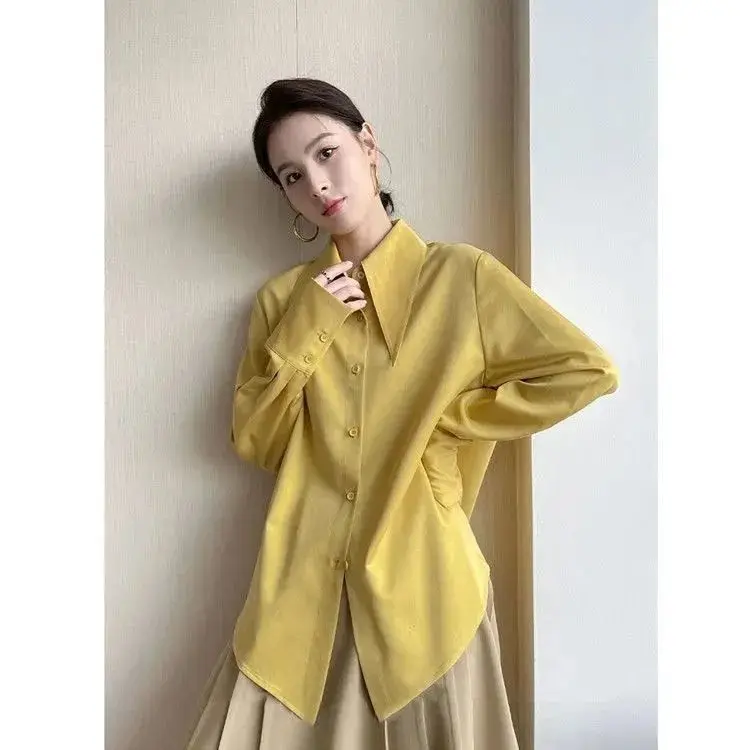 Career Loose Shirts Women Spring Autumn New Design Pointed Collar Solid Long Sleeve Blouses French Style Office Lady Simple Chic