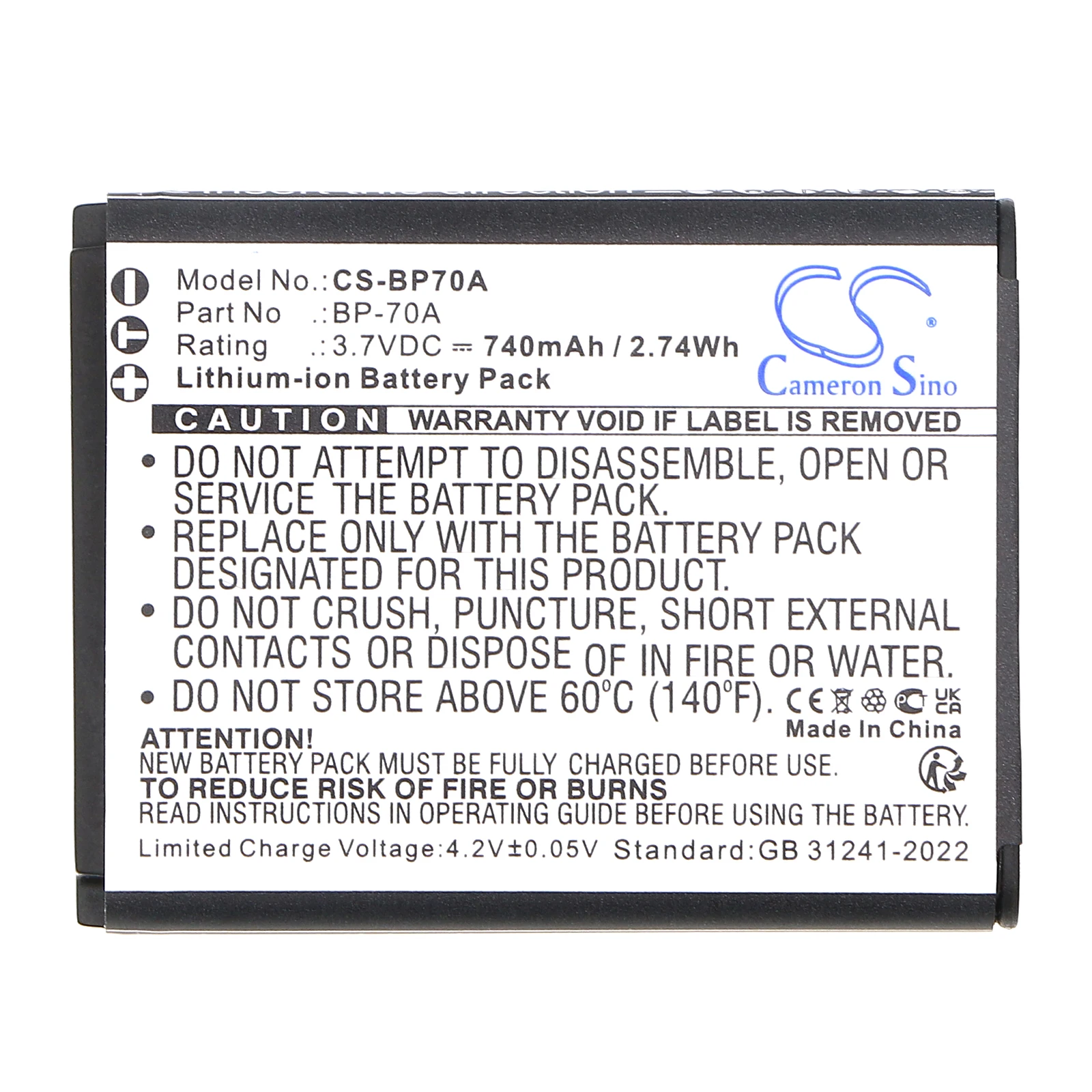 Battery for Samsung SL50,SL600,ES65,ES70,TL105,TL110,PL100,PL80,ST60,ST70,WP10,EC-SL50ZZBPBUS,ES73,PL20,SL630 (740mAh) 3.7V