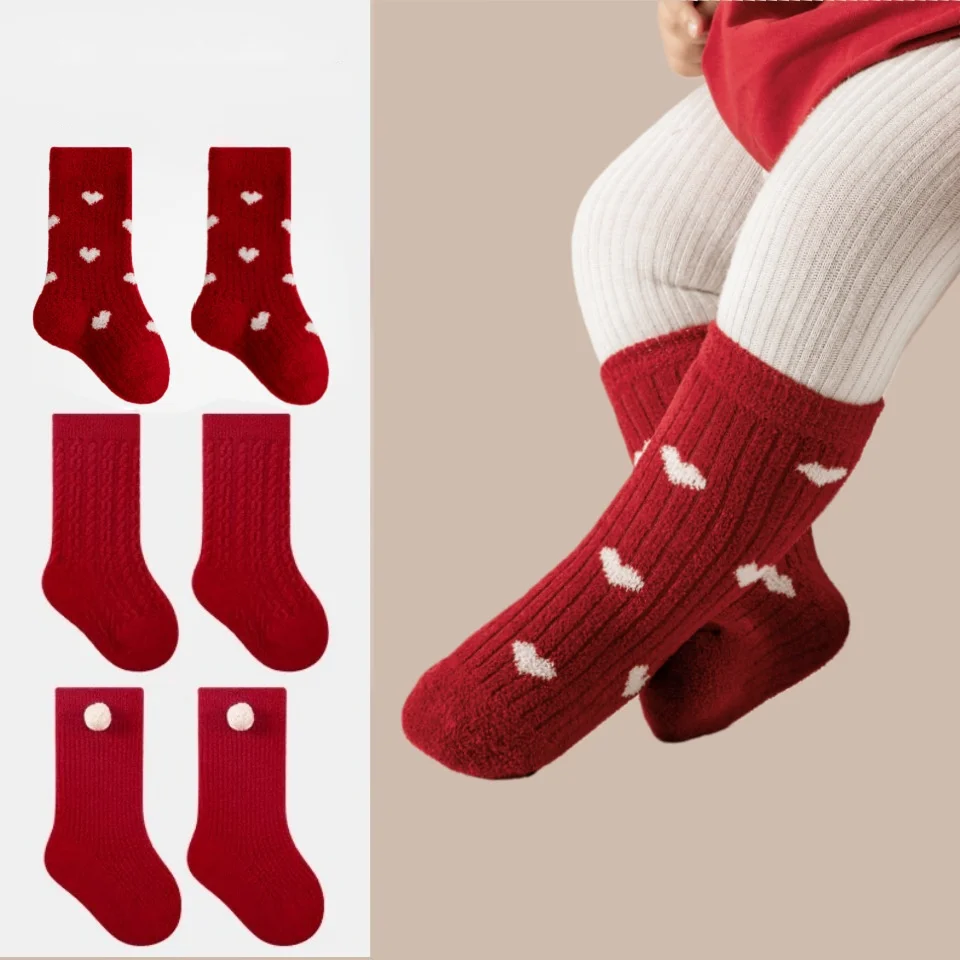 Kids Red New Year Socks Newborn Baby Thickened Velvet Toddler Mid Socks Infant Girls Boys Soft Winter Warm Festive Socks 0-3Year