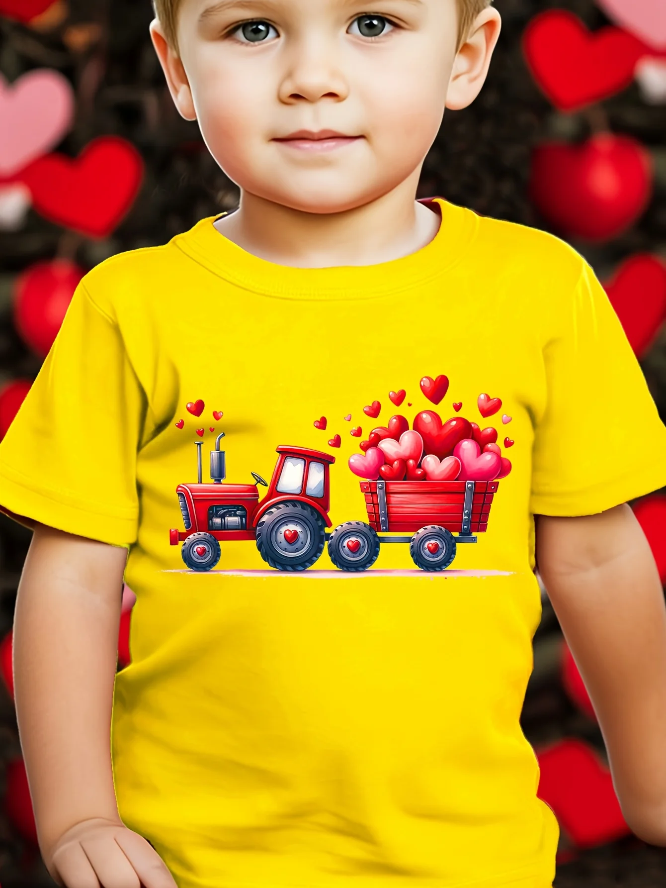 Truck Print Full of Love, Children's Fashion Creativity, Spring and Summer Round Neck T-shirt, Casual Parent-child Top