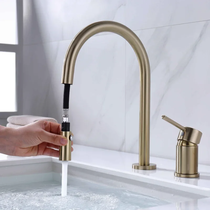 Pull Out Faucet Bathroom Basin Sink Faucet Hot Cold Water Two Function Tall Mixer Tap Crane With Spray Deck Mounted Gold Chrome