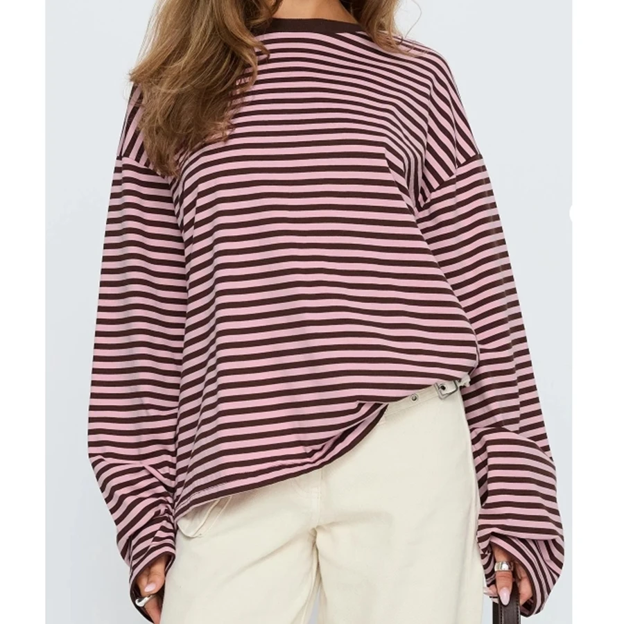Women Retro Patchwork T-shirt, Long Sleeve Crew Neck Loose Ladies Fall Casual Striped Top Streetwear