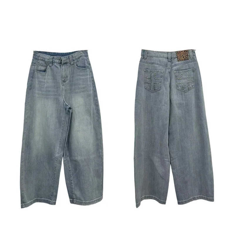 Benuynffy Vintage Light Blue Washed Baggy Jeans Women 2026 Summer New Korean Rivet Pockets Casual Straight Leg Denim Trousers