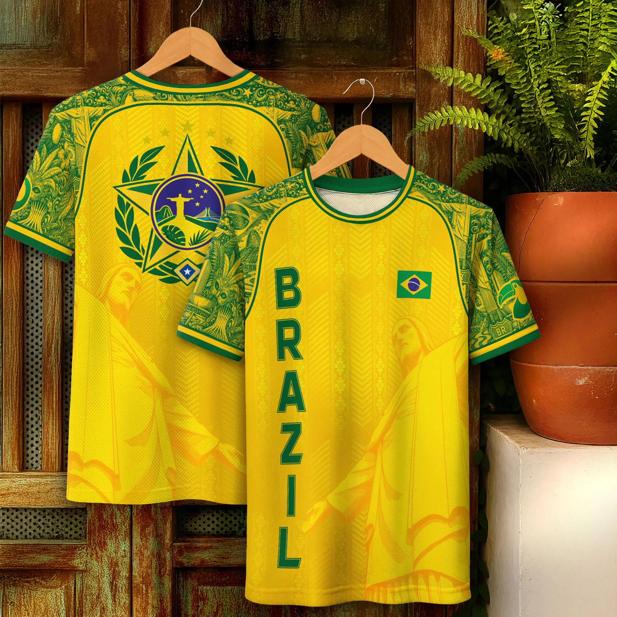 Brazil 2026 Soccer Jersey Yellow Green Christ the Redeemer Graphic Football Shirt Men Short Sleeve Crew Neck Fan Wear Casual