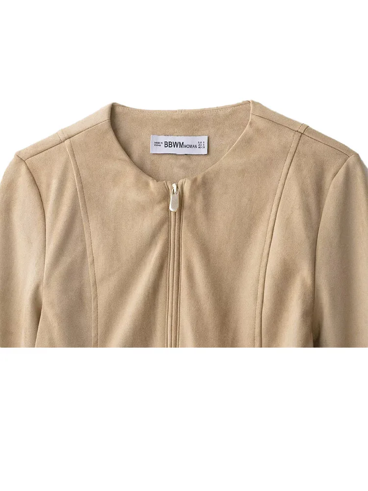 

HH женские куртки с круглым вырезом и длинными рукавами на молнии, пояс с украшением, замшевая юбка с подолом, женские облегающие пальто в уличном стиле