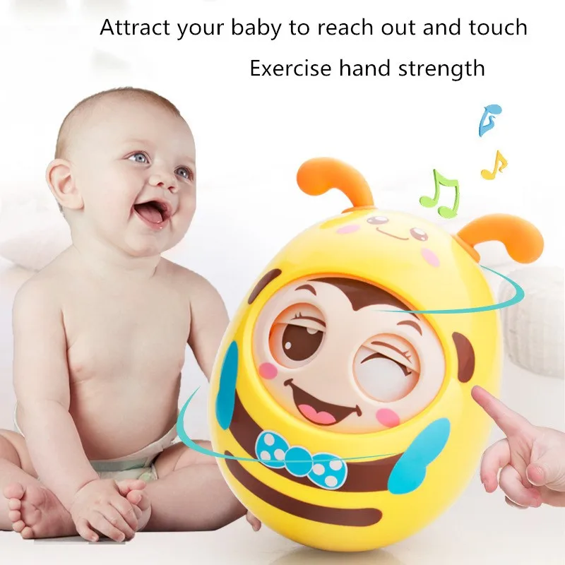 ZK30 Baby Tumbler Rattles Toys Cartoon Mobile Bee Bell Blink Eyes Tumbler Roly-poly Silicone Ear Teether Toys for Newborns Gifts