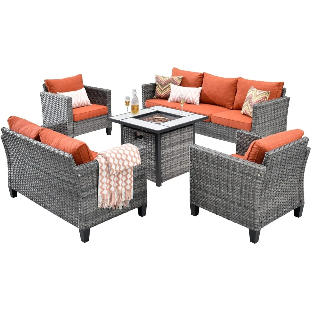 patio furniture set outdoor conversation sofa 5 piece set 50000 BTU Gas Propane Fire Pit Table in Grey Wicker Orange Red