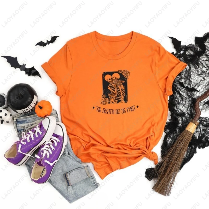 Halloween Skeleton Couple Cotton Tees Gothic Romantic All Saints' Day Love Tshirt Men Women Nostalgia Funny All Match Cute Tops